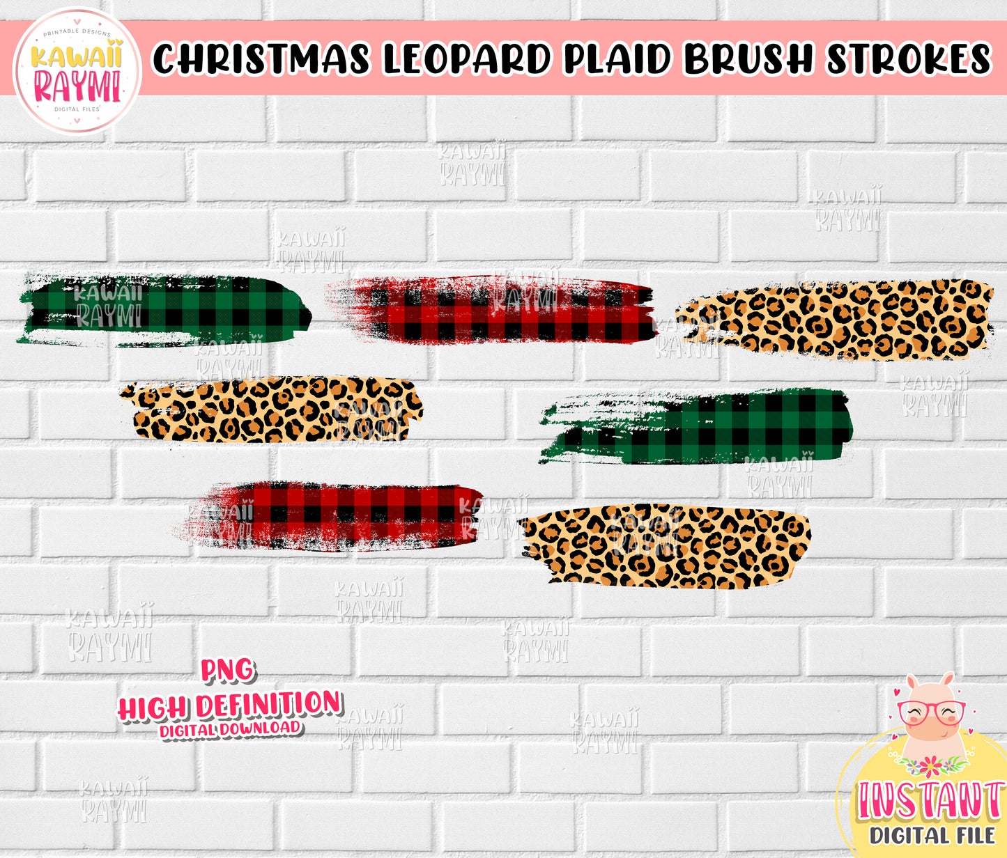 Christmas Leopard Plaid Brush Strokes Clipart, in digital PNG format instant download for sublimation