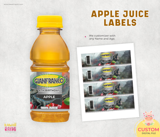 Jurassic World Etiqueta Jugo de Manzana personalizada, diseño digital 8oz