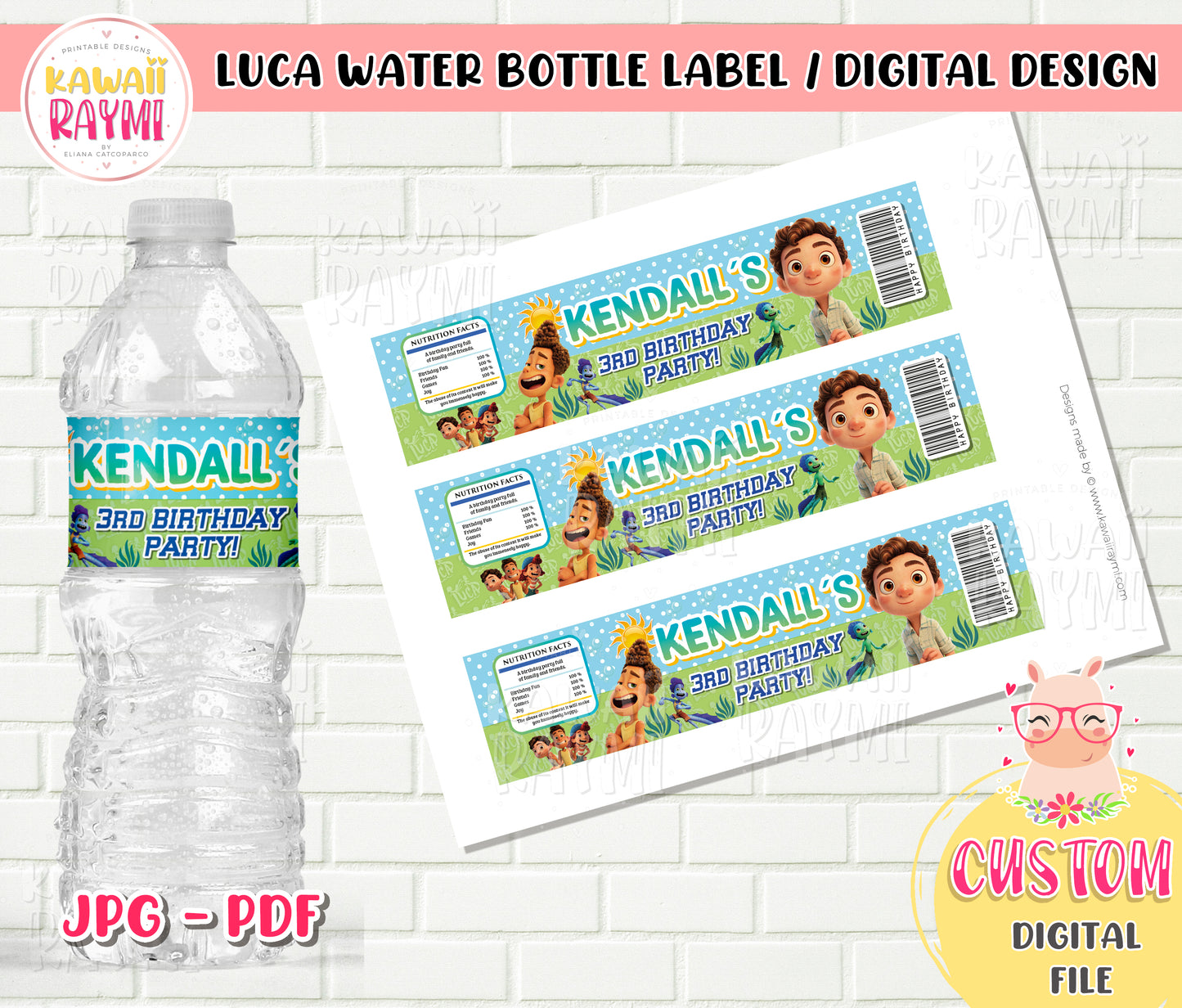 Luca Disney custom Water Bottle Label