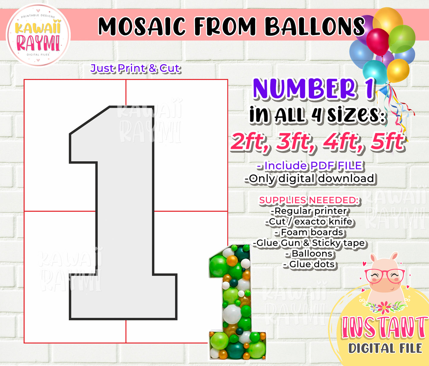SQUARE Number 1, Balloon Mosaic Template, One Mosaic Number Template, Mosaic Numbers from Balloons, 2ft, 3ft, 4ft, 5ft, Digital Download