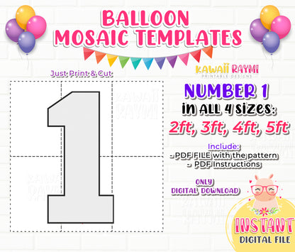 SQUARE Number 1, Balloon Mosaic Template, One Mosaic Number Template, Mosaic Numbers from Balloons, 2ft, 3ft, 4ft, 5ft, Digital Download