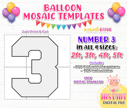 SQUARE Number 3, Balloon Mosaic Template, One Mosaic Number Template, Mosaic Numbers from Balloons, 2ft, 3ft, 4ft, 5ft, Digital Download