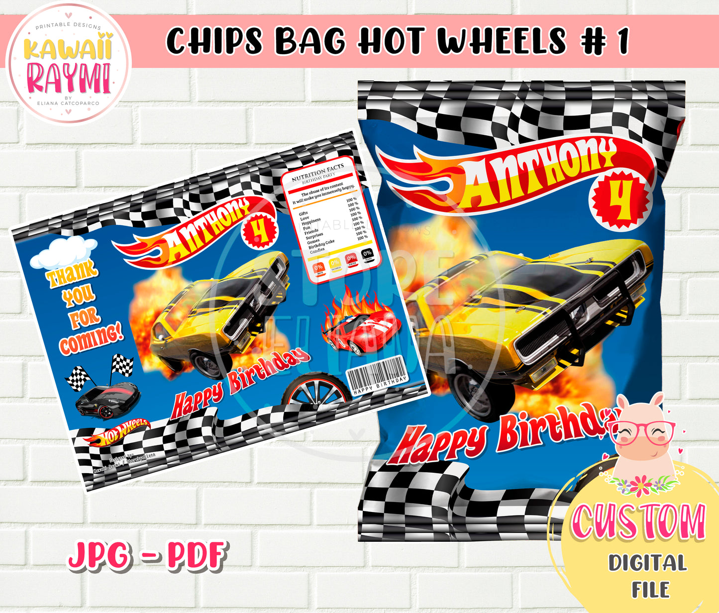 HOT WHEELS CUSTOM Chips bag PRINTABLE DIGITAL-CAR RACING custom chips bag DIGITAL FILE
