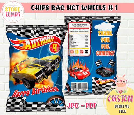 HOT WHEELS CUSTOM Bolsa de chips IMPRIMIBLE DIGITAL-CAR RACING bolsa de chips personalizada ARCHIVO DIGITAL
