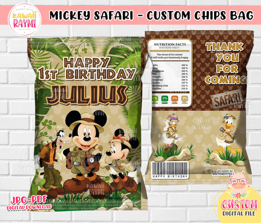 Mickey safari chips bolsa imprimible, fiesta de cumpleaños de Mickey, fiesta de suministros, archivo digital personalizado