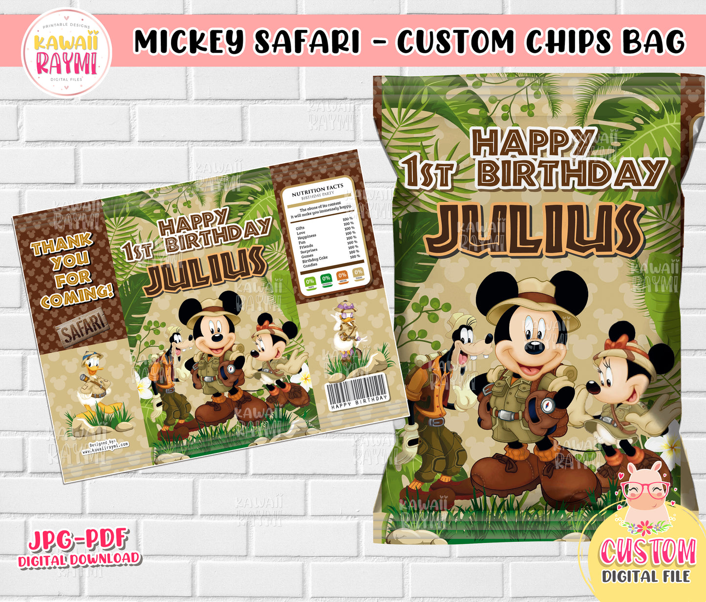 Mickey safari chips bag printable, Mickey birthday party, supplies party, custom digital file