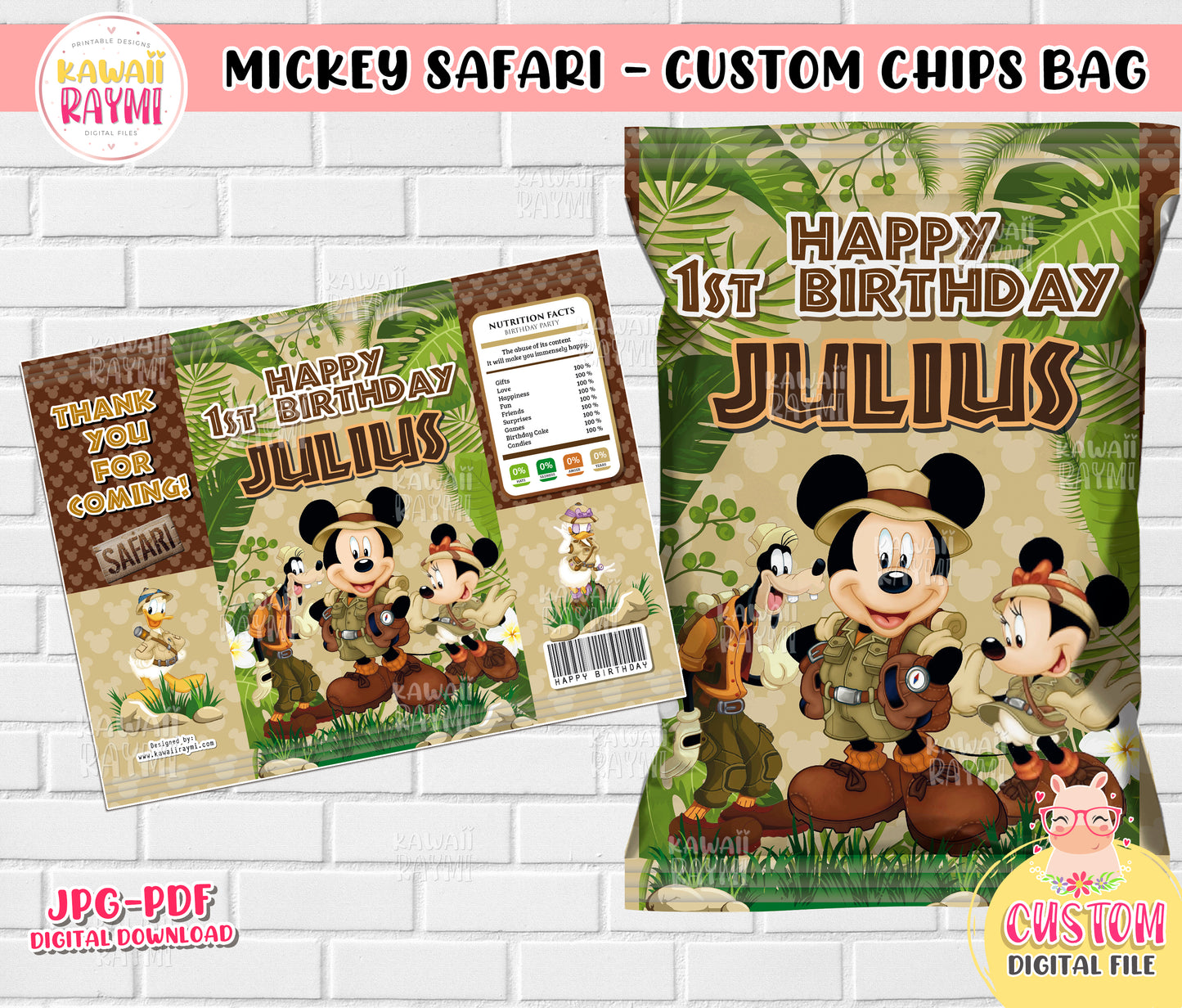 Mickey safari chips bolsa imprimible, fiesta de cumpleaños de Mickey, fiesta de suministros, archivo digital personalizado