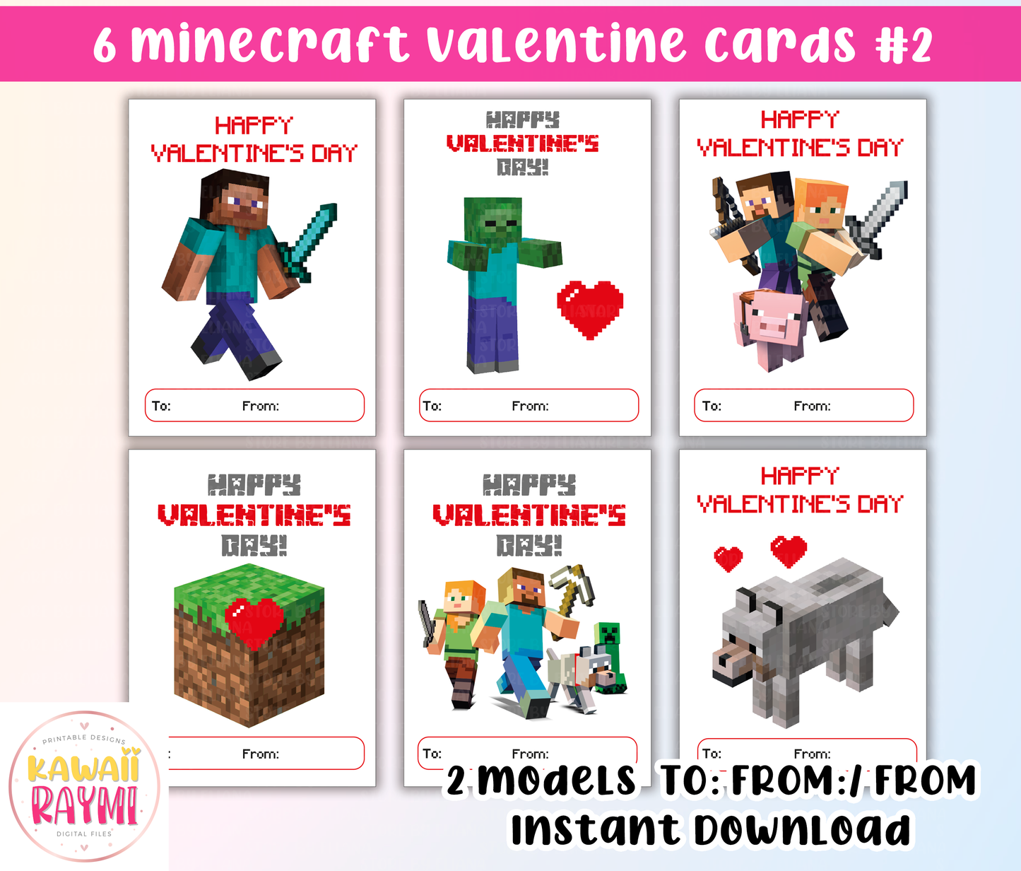 Kids Valentine Cards INSTANT DOWNLOAD Minecraft Valentines cards, Valentine's Day DIY Printable Cards