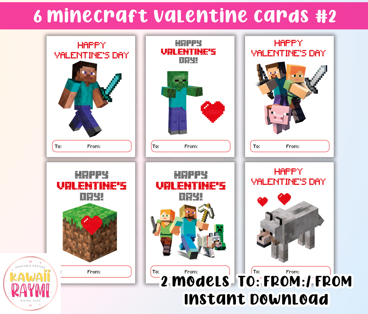 Kids Valentine Cards Instant Download Minecraft Valentines Cards, Vale 