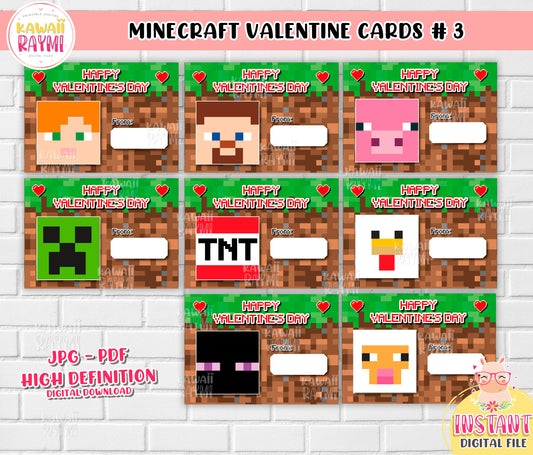 Tarjetas de San Valentín de Minecraft DESCARGA INSTANTE Tarjetas de San Valentín para niños, tarjetas imprimibles de bricolaje del día de San Valentín
