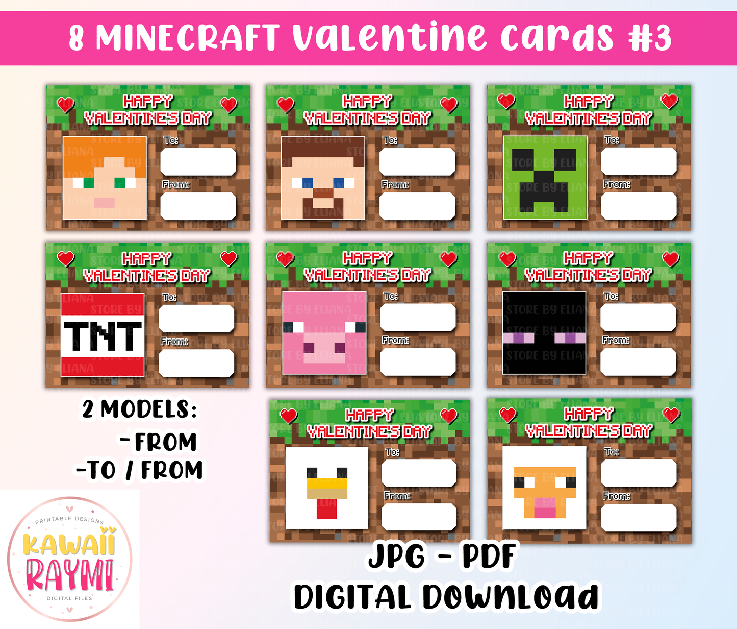 Minecraft Valentine Cards INSTANT DOWNLOAD Kids Valentines cards, Valentine's Day DIY Printable Cards