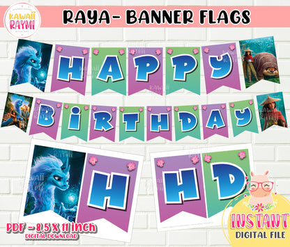 Raya Party Banner, Raya y la última decoración de cumpleaños del dragón, Banner de feliz cumpleaños, Descarga instantánea DIY