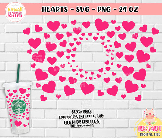 Plantilla de Starbucks Hearts para Venti Cold Cup 24 oz, descarga instantánea, corazones de San Valentín svg