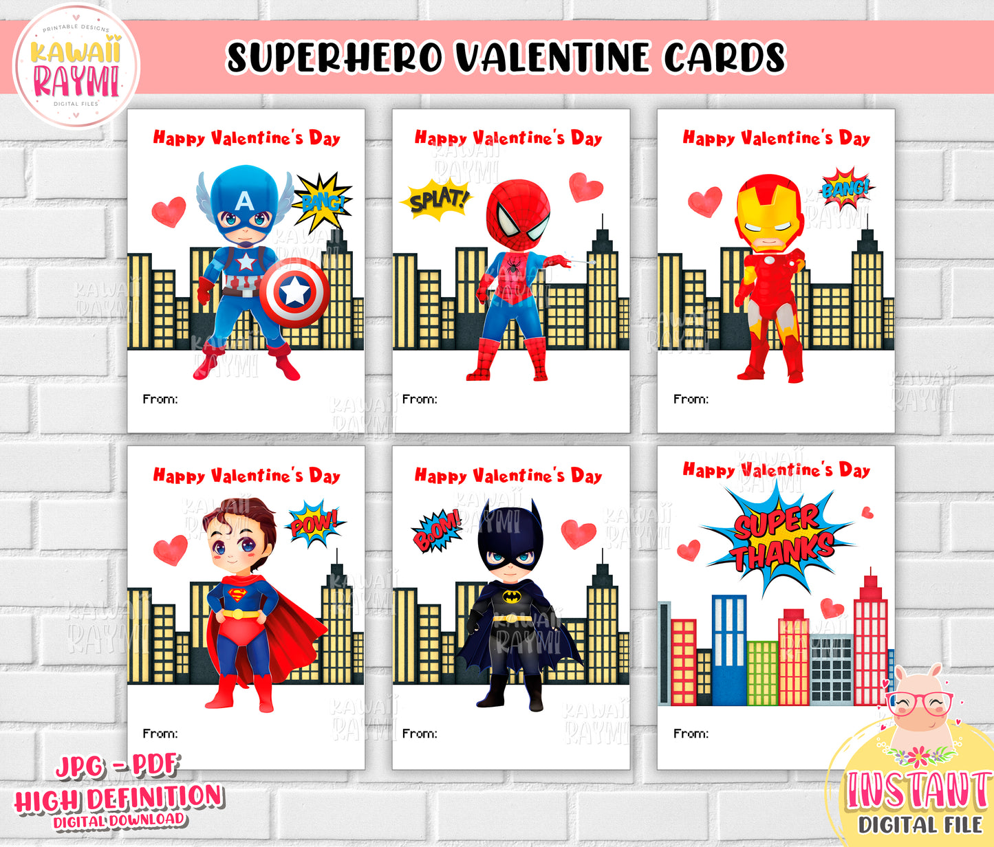 Kids Valentine Cards INSTANT DOWNLOAD Superhero Valentine cards, Valentine's Day DIY Printable Cards