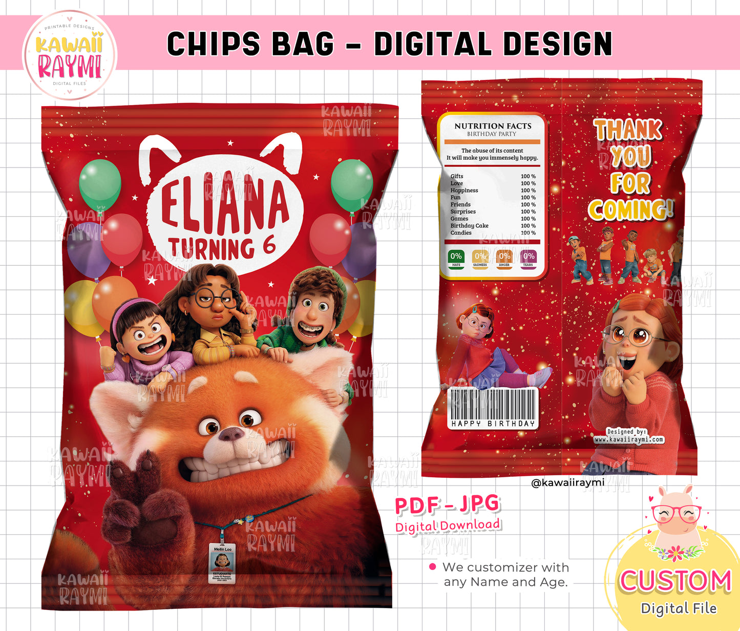Turning red chips bag printable, turning red birthday party, supplies party red custom chips bags