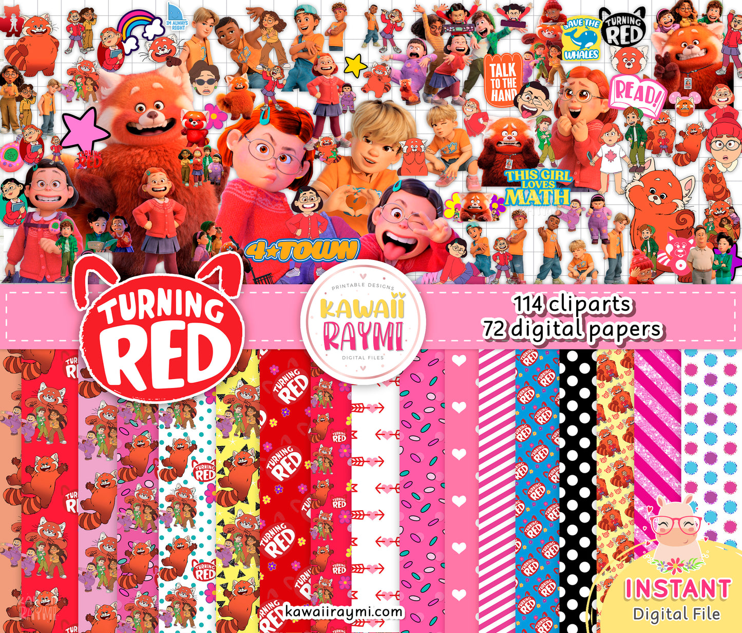 Turning red cliparts, turning red digital papers, red panda digital papers, red panda png cliparts, instant download
