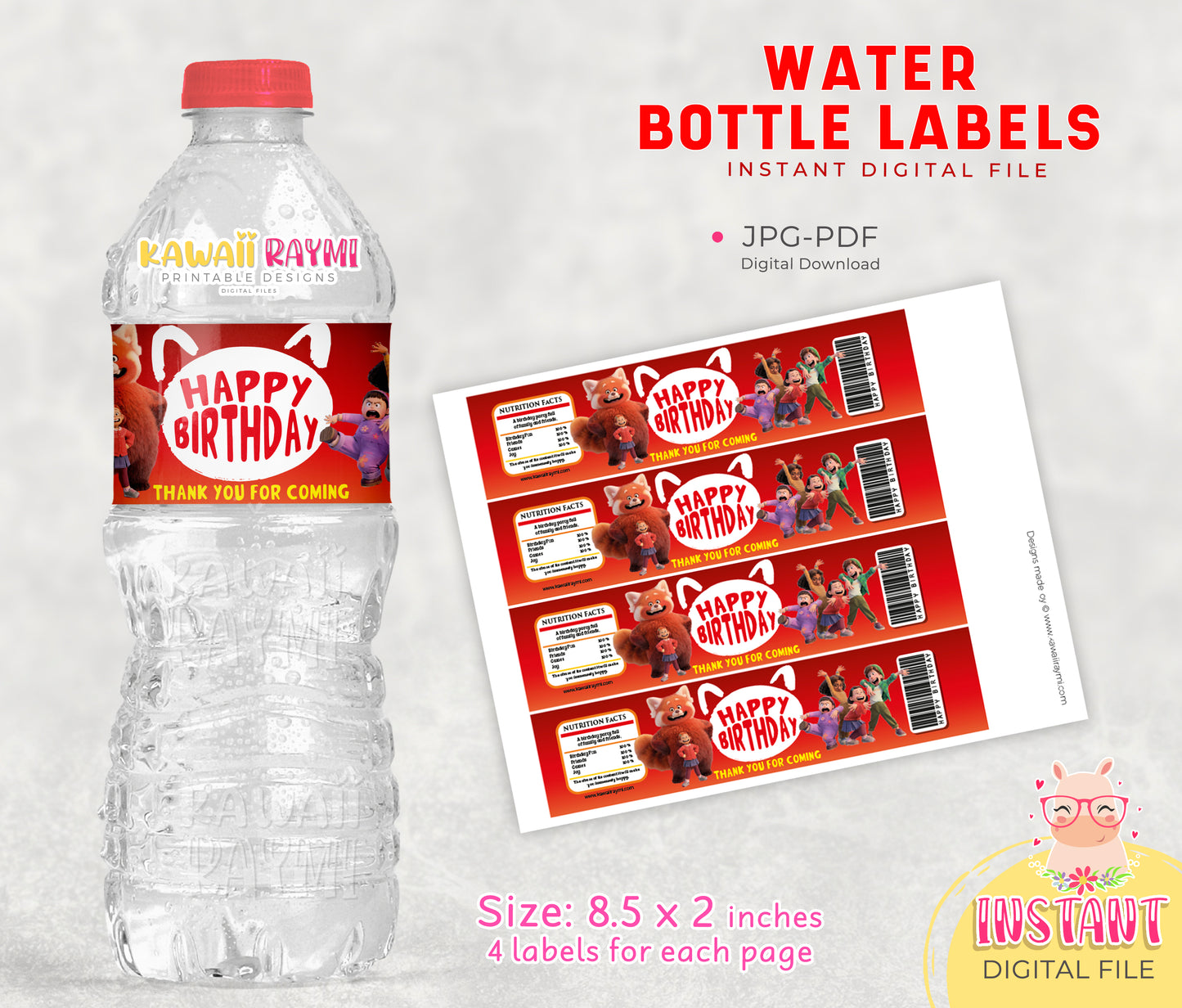 Turning red water bottle label, digital design turning red supplies party printable, water bottle labels printable