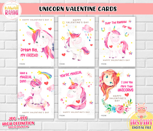 Unicorn Kids Valentine Cards, Unicorn pink Day DIY Printable Cards