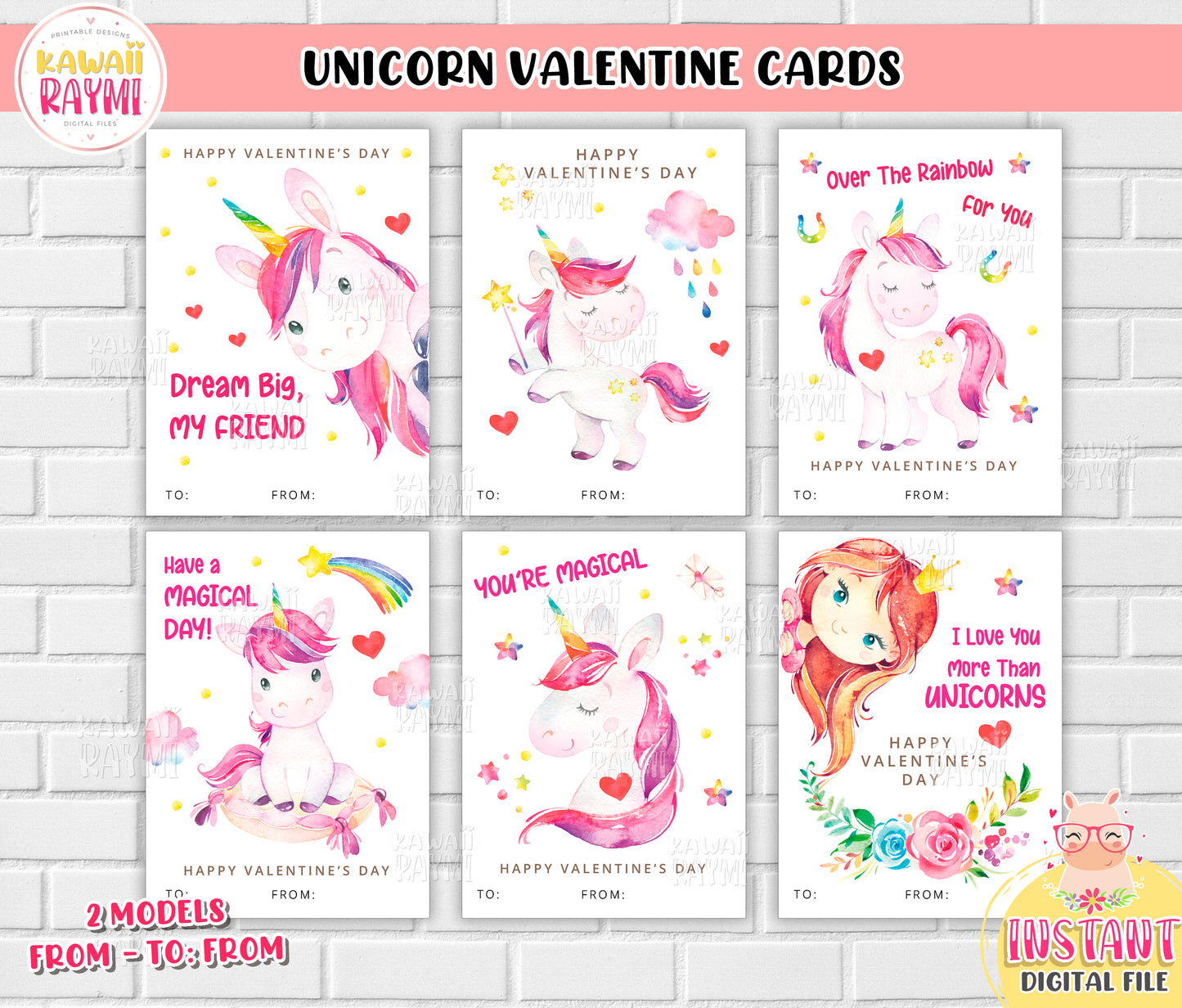 Unicorn Kids Valentine Cards, Unicorn pink Day DIY Printable Cards
