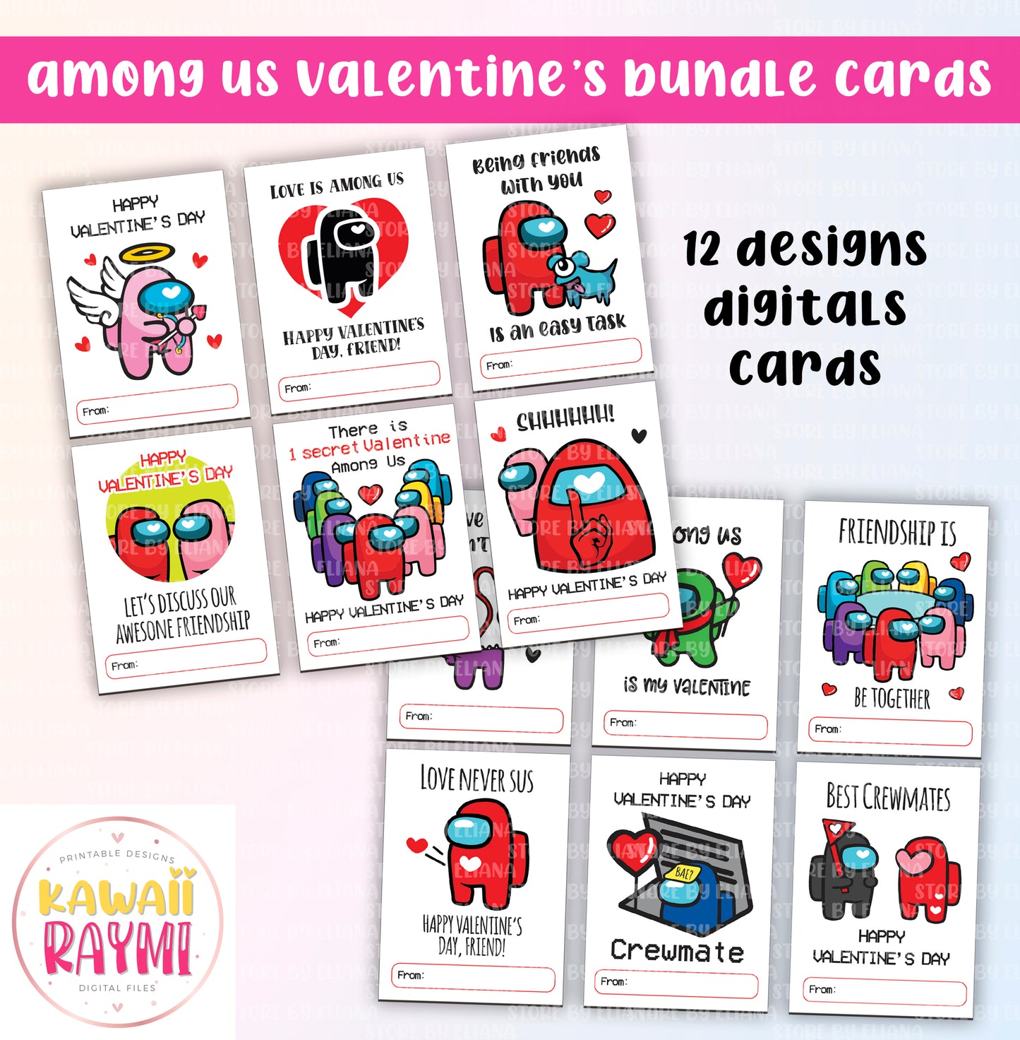 Among Us kids valentine's cards printable, among us bundle cards, valentine's day