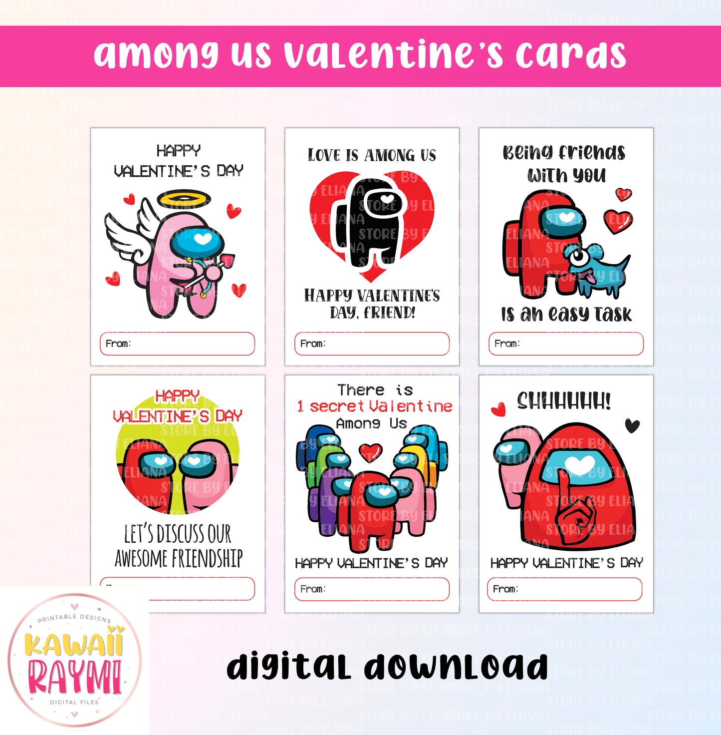 Among Us kids valentine's cards printable, among us bundle cards, valentine's day