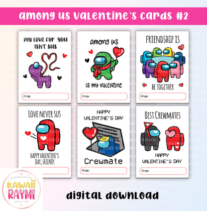 Among Us kids valentine's cards printable, among us bundle cards, valentine's day