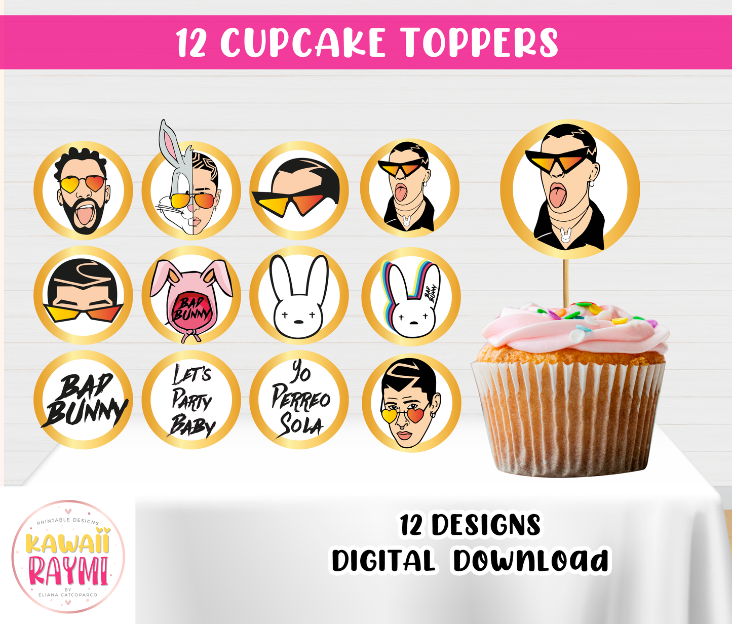 Bad Bunny Cupcake Toppers Birthday Party