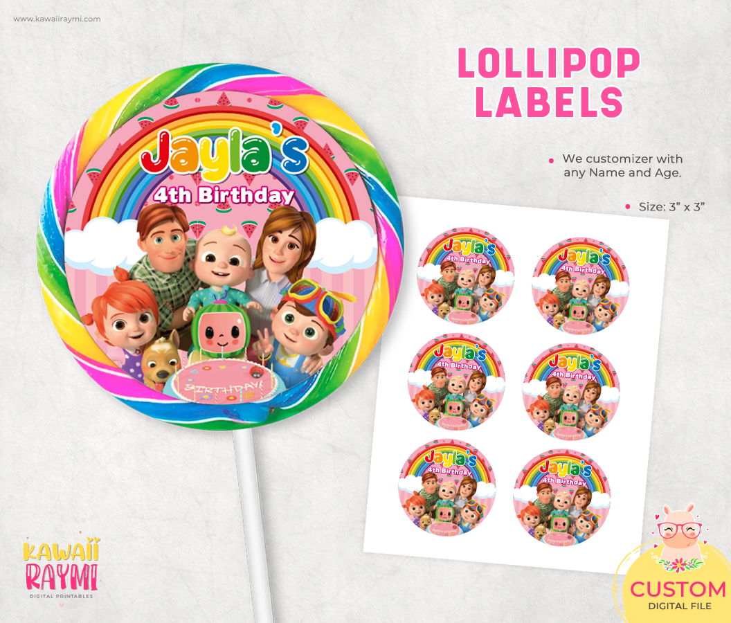 Cocomelon lollipop labels, birthday party