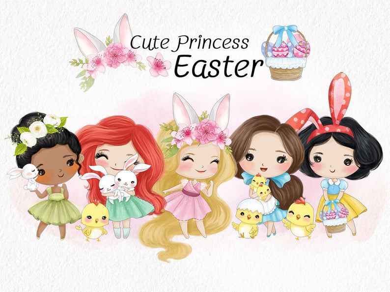 Cute Easter little girls princess cliparts,  instant download PNG