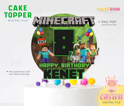 Mine custom cake topper, digital file crafter videogame cake topper, birthday party videogamer