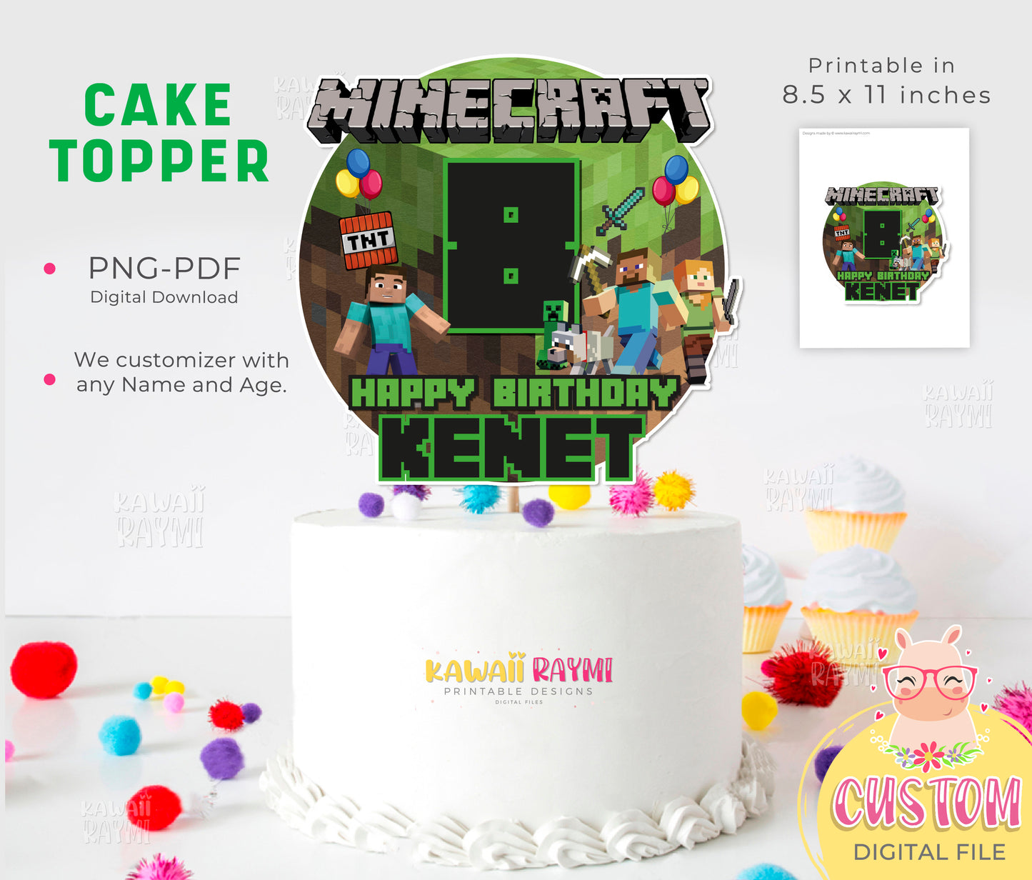 Minecraft custom cake topper, digital file minecrafter cake topper, birthday party videogamer
