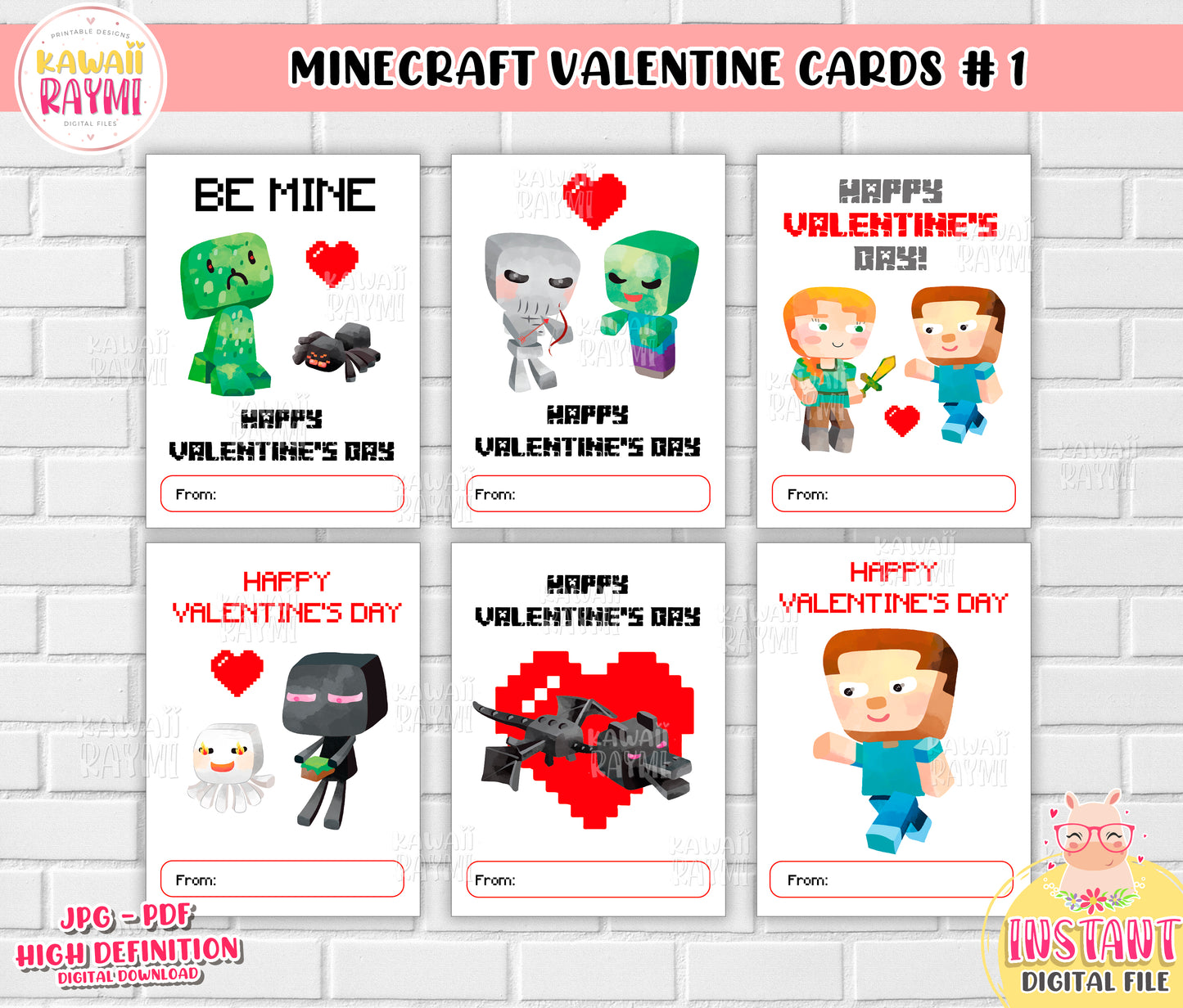Kids Valentine Cards | INSTANT DOWNLOAD | Minecraft Valentines cards, Valentine's Day DIY Printable Cards