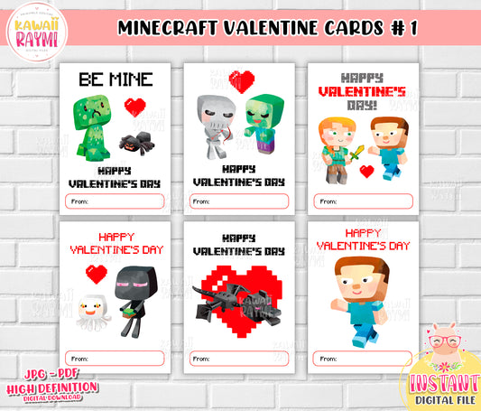 Tarjetas de San Valentín para niños | DESCARGA INSTANTE | Tarjetas de San Valentín de Minecraft, tarjetas imprimibles de bricolaje para el día de San Valentín