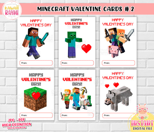 Tarjetas de San Valentín para niños DESCARGA INSTANTE Minecraft Tarjetas de San Valentín, Día de San Valentín DIY Tarjetas Imprimibles