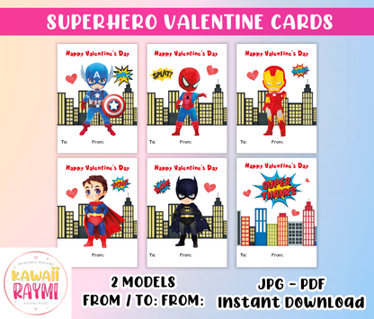 Kids Valentine Cards INSTANT DOWNLOAD Superhero Valentine cards, Valentine's Day DIY Printable Cards