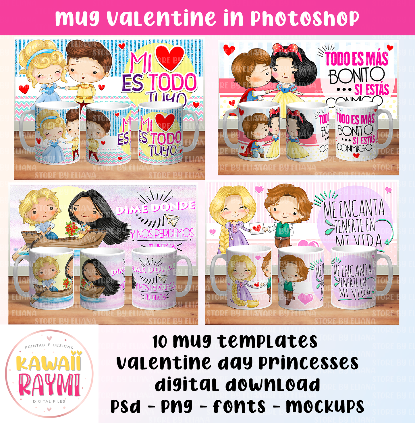 Mug templates valentine day princesses, editable