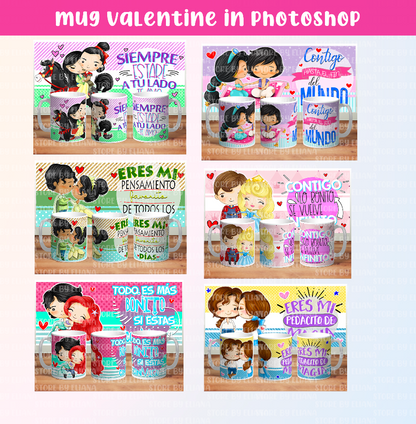 Mug templates valentine day princesses, editable