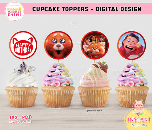Volviendo el archivo digital instantáneo de toppers de cupcake rojo, girando la fiesta de cumpleaños roja, girando la fiesta de suministros rojos
