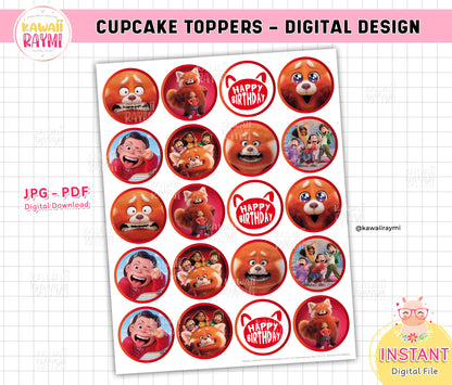 Turning red cupcake toppers instant digital file, turning red birthday party, turning red supplies party