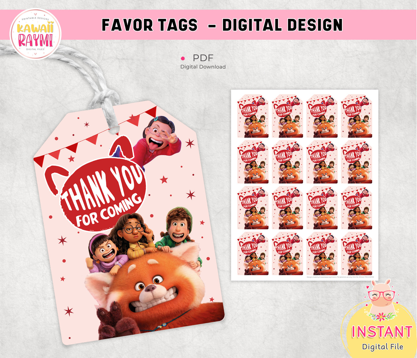 Turning Red Favor Tags, Birthday Party, Red Panda Thank You Tags, Mei Lee Printable Digital