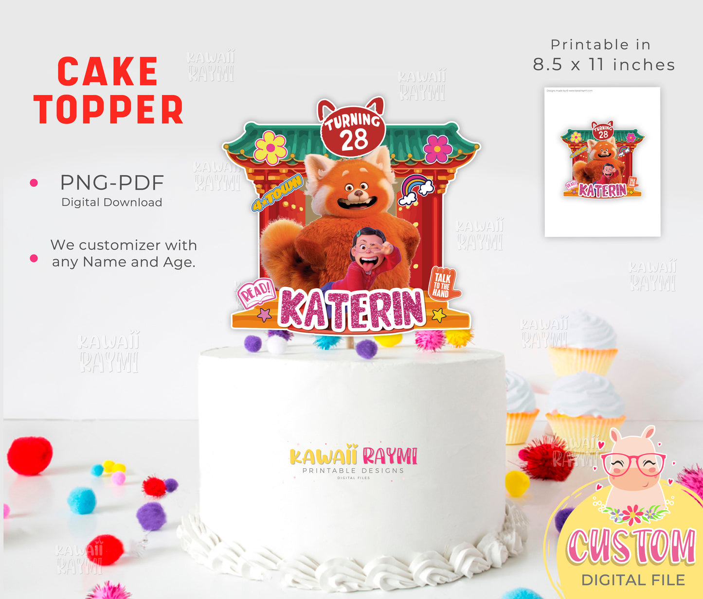 Turning red custom cake topper, digital file, turning red supplies party, red panda cake topper printable