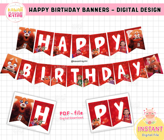 Turning red happy birthday banners flags